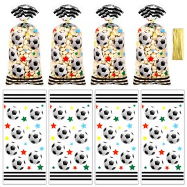 Football Cellophane Goodie Bags,100Pcs Soccer Football Star Pattern Treat Bags Sport Theme Candy Bags with Gold Twist Ties for Football Birthday Party Sport Theme Favor Supplies