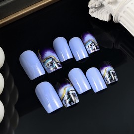 Dark Purple Gradient Press on Nails Gold Curve Line Stick on Nails Purple Marble Acrylic Fake Medium Square Nails 24 Pcs Glossy Gold Glitter False Nails Blooming Gel Glue on Nails for Women Girls