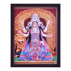Handicraft Store SANVIKA Durga Goddess Picture Frame Wall Decor, Durga The Feminine Force For Living Room Decor, Hindu Goddess Durga For Home Office (Maa Durga With Her Lion, 12" x 9")