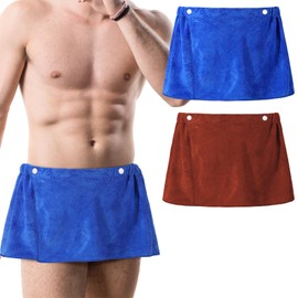 Preboun 2 Pack Men's Shower Wrap Wearable Bath Towel Wrap Soft After Shower Towel Wrap Short Pants for Men Microfiber Swimming Spa Sauna Towel Wrap with Snap Closure (Coffee,Blue)
