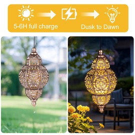 Hanging Solar Lanterns Outdoor Waterproof, Moroccan Solar Lanterns for Outside Garden Decor, Outdoor Hanging Lantern Gardening Gifts for Women Mom Grandma, Yard Patio Lawn Decorations