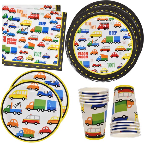 Traffic Jam Cars Trucks Transportation Party Supplies Tableware Set 24 9" Paper Plates 24 7" Plate 24 9 Oz Cups 50 Lunch Napkins for Construction Transport Vehicle Disposable Birthday Decorations