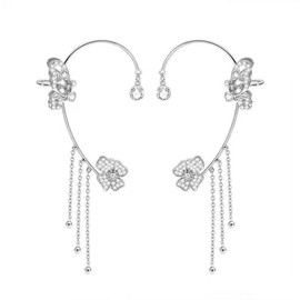 Dainty Butterfly Flower CZ Ear Cuffs Wrap Tassel Chain Dangle Earrings for Women Non Pierced Ears Climber Crawler Threader Crystal Fairy Cosply Earring Hypoallergenic Fashion Jewelry Wedding Party Gift Her Valentine's Day 1 Pair (Silver)