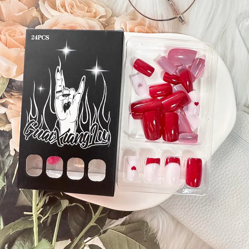 Valentine's Red French Tip Press on Nails Square Fake Nails
