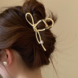 B/C Hair Claw Large Ribbon With Pearl (Gold)