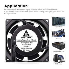 GDSTIME 220V Fan 80mm Cooling Fan 240V Fan 80 x 25mm AC Axial Cooling Fan Dual Ball Bearing Brushless Cooling Fan For Ventilation Exhaust Fan Replacement