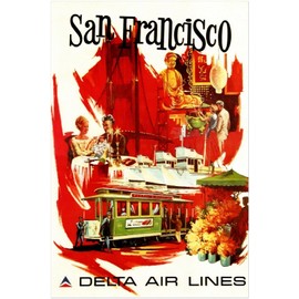 San Francisco - Delta Air Lines Airline Vintage Travel Poster, Retro Posters (12x18Inches-Framed)