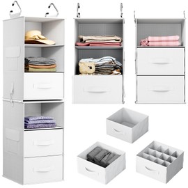 Pipishell 6-Shelf Hanging Closet Organizer, Closet Hanging Shelves with 2 Separable 3-Tier Shelves, Closet Storage Organizer with 3 Removable Drawers for Bedroom, Dorm Room, Camper and Nursery (White)
