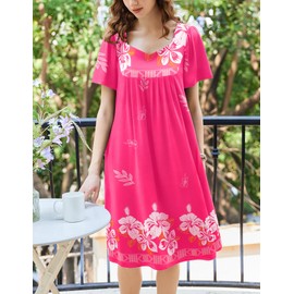 Ekouaer Women's Nightgown Pleated House Dress Short Sleeve Mumu Dress With Pockets Lounge Dress