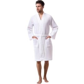 Morgenstern Dressing Gown Men Waffle 100% Cotton Lightweight Kimono Bathrobe White XXL