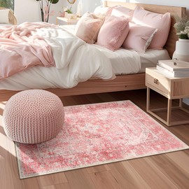 MUJOO Pink Rugs for Bedroom Girls Small Boho Area Rug Washable Rugs for Entryway Non Slip Throw Carpet for Bathroom Door Mat Shower Room Entrance Soft Light Pink Floral Home Decor 2'x3'