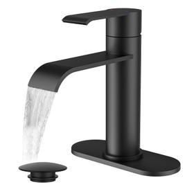 FORIOUS Black Bathroom Faucet 1 Hole, Single Handle Matte Black Waterfall Bathroom Faucet Single Hole for Rv, Lavatory, Restroom, Commercial Sinks with 3 Hole Adapter Deck Plate, Pop Up Drain