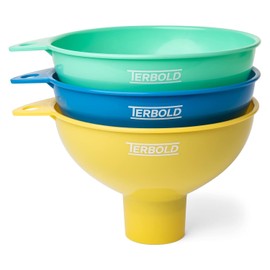Terbold 3pc Wide Mouth Canning Funnels for Filling Bottles and Mason Jars | Large Spout Quick Fill Food Grade Plastic Funnels for Kitchen Use (Blue, Green, Yellow)