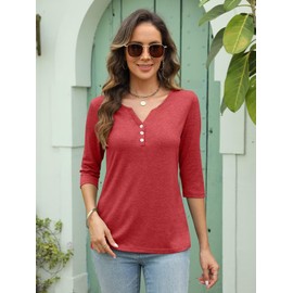 EADINVE Womens 3/4 Sleeve T-Shirts V Neck Buttons Tops Basic Tee Solid Color Blouse Loose Fit Pullover Summer Shirts 2024 Red