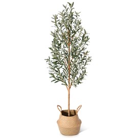 Faux Olive Tree 6FT – Tall Artificial Plants Indoor with Real Wood Trunk & Seagrass Basket, Lifelike Silk Leaves & Fruits – Potted Large Fake Trees for Home, Living Room, Bedroom & Office Decor