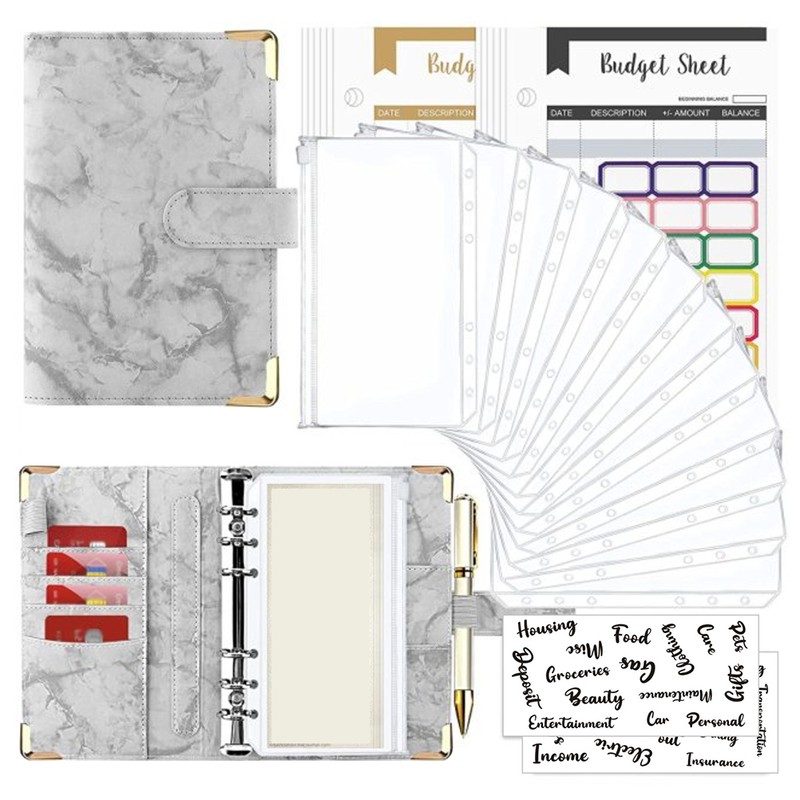 A6 Binder Budget Book Portable Marble Grain Notebook PU Leather