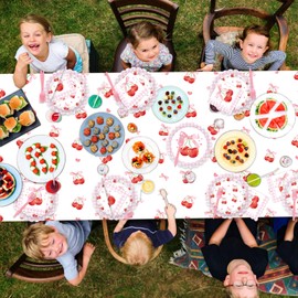 NOVEMBER SPRING Cherry Party Decorations - Pink Bow Party Decoration，Cherry Birthday Decorations Includes Paper Plates, Napkins, Cups, Forks, Tablecloth, Banner, for Birthday Tea Desseit，Serves 24