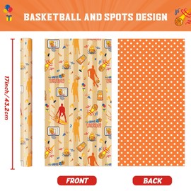 WERNNSAI Basketball Reversible Wrapping Paper - 1 Roll 43cm x 10m Happy Birthday Sports Wrapping Paper Roll for Boys and Kids Sports Ball Birthday Gift Wrapping Paper Orange Gift Decoration