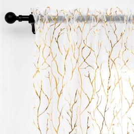 FINECITY Gold White Sheer Curtains 63-inch Length 2 Panels Metallic Gold Foil Branches Sheer Curtains for Bedroom Rod Pocket Privacy Sheer Window Curtains, 52 x 63 Inch