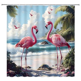 YSSFAV Tropical Flamingo Shower Curtain Beach Ocean Coastal Palm Tree Sea Turtle Natural Landscape Bathroom Decor Curtains Set with Hooks, 70" W x 70" H