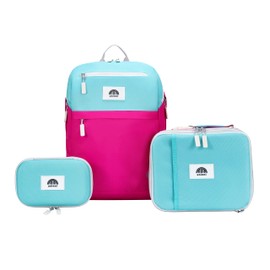 uninni Color Block (Fuchsia/Green) 16'' Kids Backpack Set for Age 6+, fits for height 3'9" above kids with Lightweight Insulated Lunch Bag and Cute Pencil Case for Boys and Girls