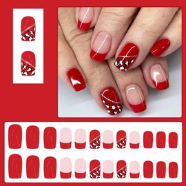 Press on Nails Short Square Fake Nails with Leopard Print Designs French Tip Nails Press ons Glossy Glue on Nails Red Acrylic False Nails Stick on Nails for Women DIY 24Pcs
