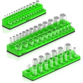 Olsa Tools Magnetic Socket Organizer | 3 Piece Socket Holder Kit | 1/2-Inch, 3/8-Inch, & 1/4-Inch Drive | SAE Green | Holds 68 Sockets | Professional Quality Tools Organizer