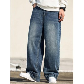 DFGIGT Men's Baggy Hip Hop Jeans Wide Leg Skater Denim Pants Casual Loose Fit Long Trousers Streetwear Jinco Oversized Relaxed Y2k 2000s Extreme Motion Skateboard,A12 Blue,X-Large