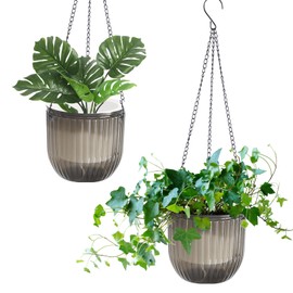 hifrom Hanging Flower Pots, Hanging Basket, Outdoor Baskets with Chain, Coconut, Large Litre Volume (Set of 2, Transparent Grey, 16.5 cm)