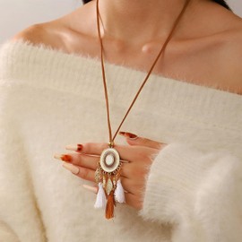 Inateannal Leather Suede Long Tassel Necklace Long Sweater Pendant Necklace Tribe White Fringe Leather Sweater Tassel Chain Gold Leaf Pendant Necklaces
