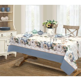 Newbridge Thanksgiving Blue Pumpkin Farmhouse Harvest Bordered Rectangle Fabric Tablecloth, 60 x 84 Inch, Stonewashed Fall Pumpkin and Sunflower Cottage Print Table Cover for Holiday Party