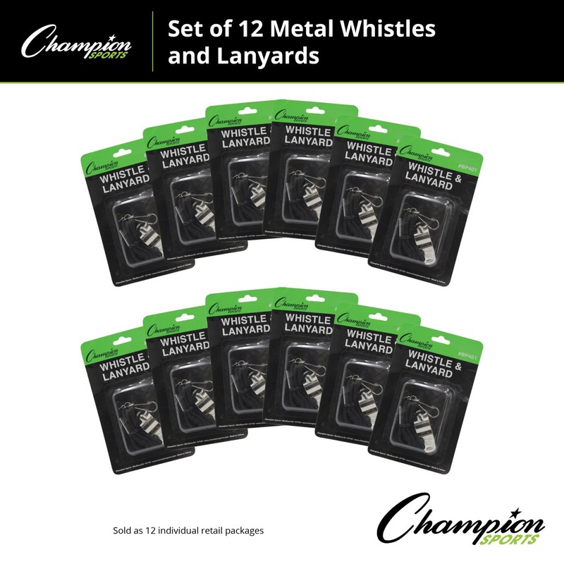 Champion Sports Metal Whistle with Lanyard - 12 Pack