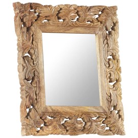 YLIEHS Hand Carved Solid Mango Wood Mirror, 19.7" x 19.7", Brown Decorative Wall Accent