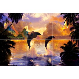 Ceramic Backsplash Tile Mural Dolphin Whale Underwater Ocean Fish Kitchen/Bathroom/Shower - Celestial Harmony II - Christian Riese Lassen