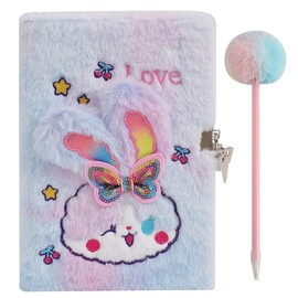 Plush Diary with Lock and Keys for Girls, Plush Secret Journal for Kids Teens with 160 Lined Pages, Fluffy Dye-Tie Rabbit A5 Notebook for Writing & Drawing, Cute Fuzzy, Gifts for Girls Ages 8-12