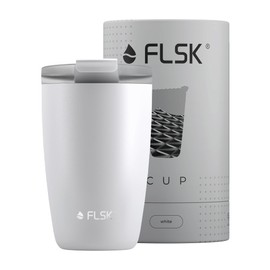 FLSK CUP Stainless Steel Reusable Cup for Travel (350 ml, 500 ml) - 3 Hours Hot, Leak-Proof, Includes Plastic-free Tube Box and Microfibre Buddy, Ideal for Travel, Office or Filling in the Cafe