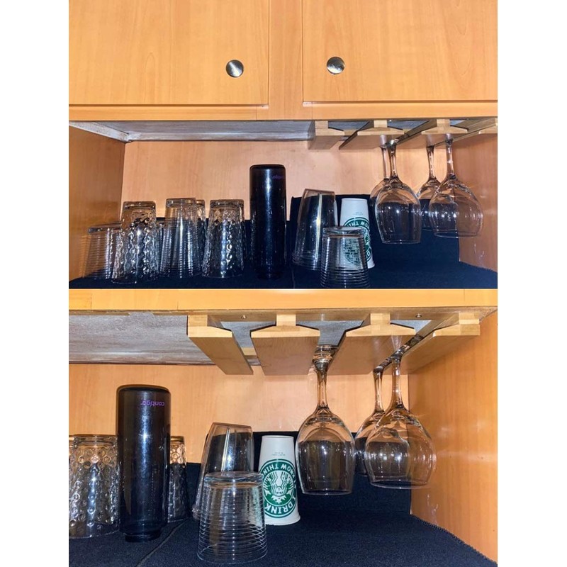 RIIPOO Wine Glass Rack Hangers Under Cabinet, Bamboo Wine Glasses