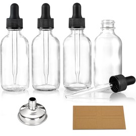 Set of 4, 1 oz Clear Eye Dropper Bottles with 1 Stainless Steel Funnels & 4 Labels - Black Caps 30ml Thick Glass Tincture Bottles - Leakproof Essential Oils Bottles for Health, Personal Care & Beauty