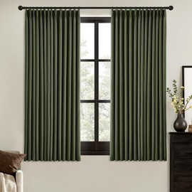 MIULEE Olive Green Pinch Pleated 100% Blackout Linen Curtains for Bedroom, Room Darkening Memory Trained Dark Green Window Curtains 63 inches Long for Living Room, Black Out Pleat Drapes, 2 Panels
