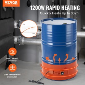 VEVOR Metal Drum Heater, 1200 Watt 10" Width, Pail Heating Band for 55 Gallon Barrel, 86-302℉ Adjustable Thermostat, High Efficiency Silicone Grease Keg Heater, Tested to UL 499 Standard, FCC Listed