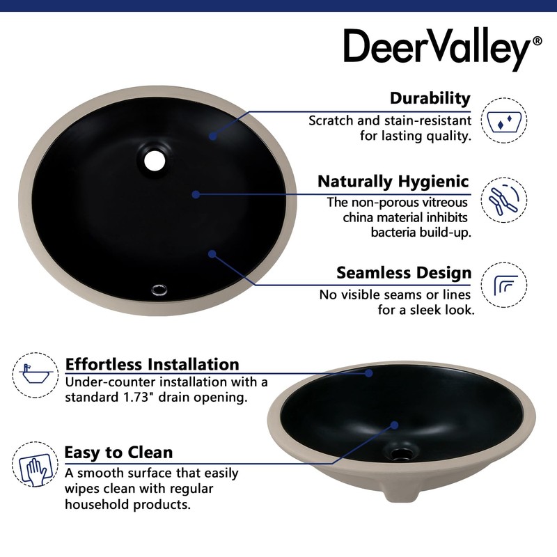 DeerValley DV-1U303B Black Undermount Bathroom Sink 18'' x 15'' Oval
