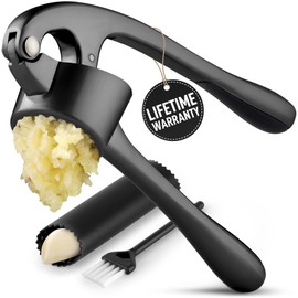 Zulay Kitchen Large Premium Garlic Press Set - Bigger Bowl for Bigger Garlic - Rust Proof & Dishwasher Safe Garlic Mincer Tool - Easy-Squeeze, Easy-Clean Silicone Garlic Peeler & Brush (Dark Gray)