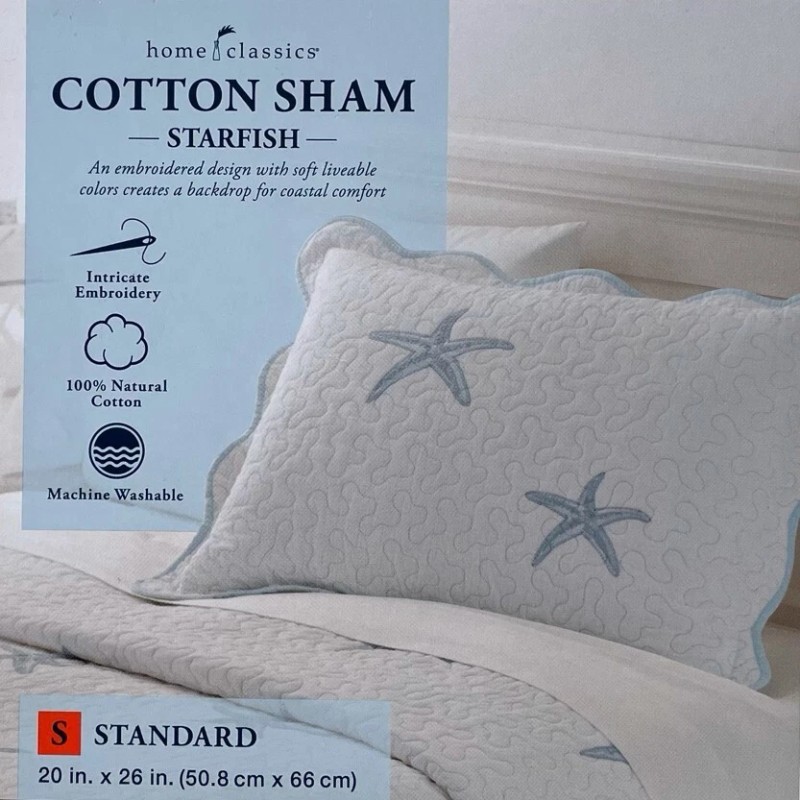 Home Classics White Embroidery Quilted Standard Sham Blue Starfish 100%