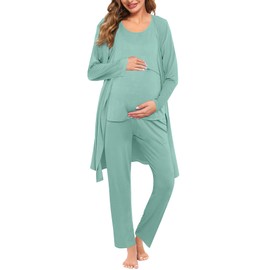 SWOMOG Maternity Nursing Robe Set 3 PCS Women Postpartum Pajamas Breastfeeding Labor Delivery Hospital Pregnancy Pjs (Aqua Green, Medium)