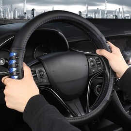 West Llama Microfiber Leather Car Steering Wheel Cover for Men Women,Universal Fit 14.5-15 inch(Leather Nails-Blue+Black)
