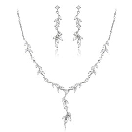 EVER FAITH Wedding CZ Jewelry Set for Bride Bridesmaid, Elegant Marquise Teardrop Cubic Zirconia Vine Leaf Bridal Necklace Dangle Earrings for Women Silver-Tone