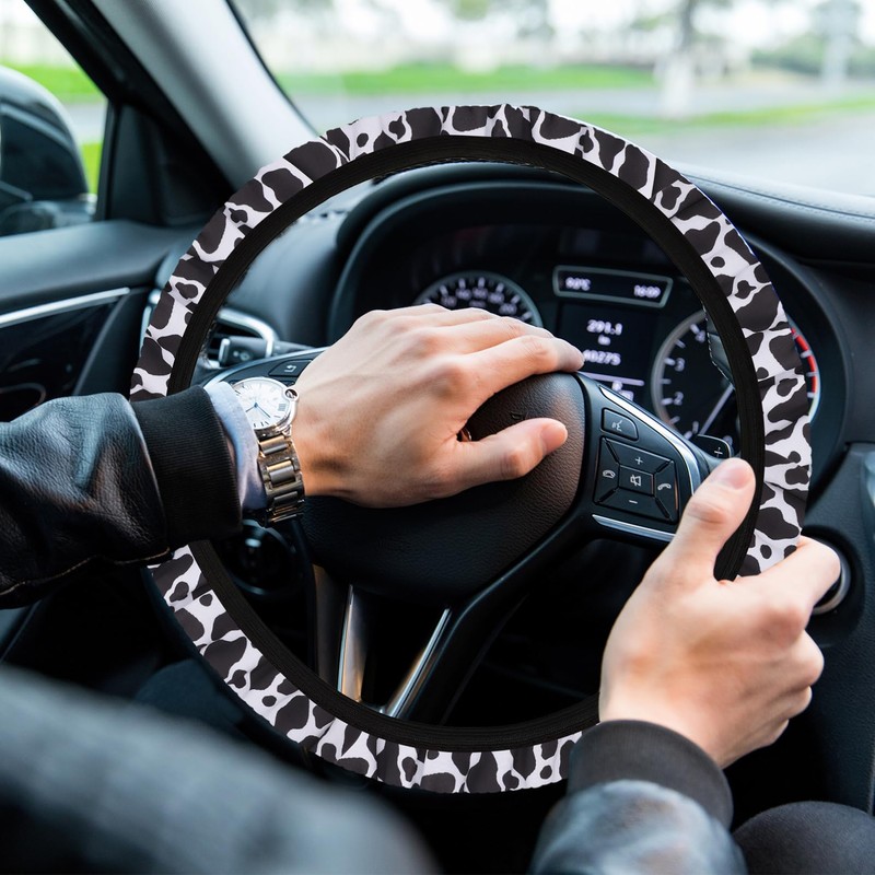 GRIRIW 1Set Cow Pattern Steering Wheel Cover Coaster Easy to