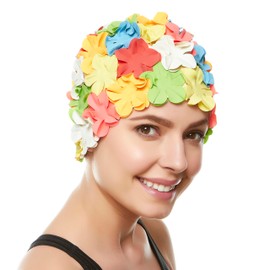 Latex Swim Cap - Women Stylish Swimming Cap Great for Ladies, Perfect to Keep Hair Dry - Suitable for Long Hair - Flowal Petal Vintage Style - Multicolored