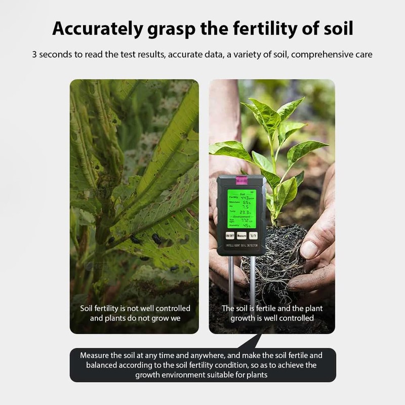 Splenssy Soil Moisture Meter 6-in-1 Soil Ph Meter Moisture/Fertility/pH/Temperature/Humidity/Light 90-Degree