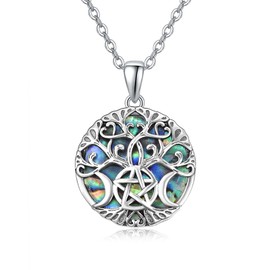 TANGPOET Triple Moon Goddness Necklace Sterling Silver Pentagram Pendant Necklace Tree of Life Jewelry Christmas Gifts for Women Mom Teens